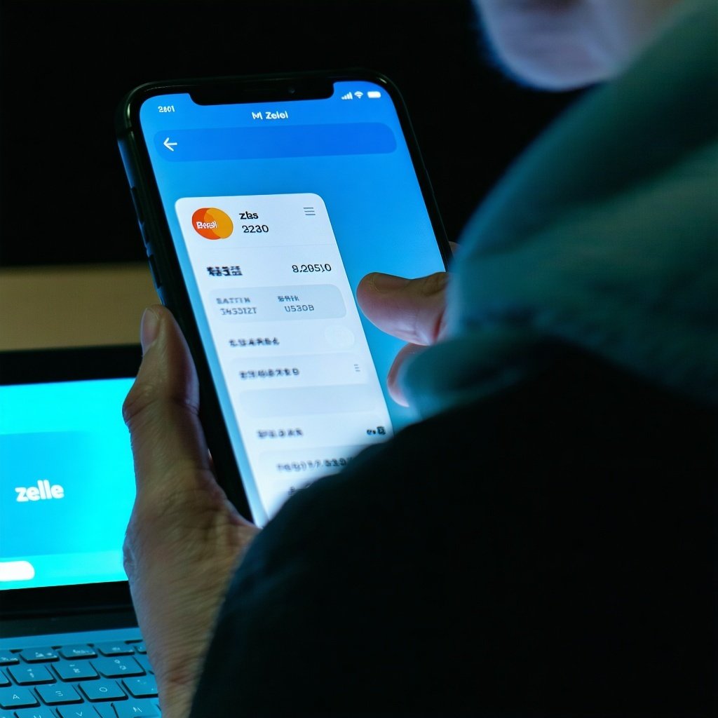 a photograph showing someone using a payment app like zelle not dark or menancing-1